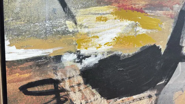 Wide Abstract in Black, Ochre and Bone, Signed, Framed - detail