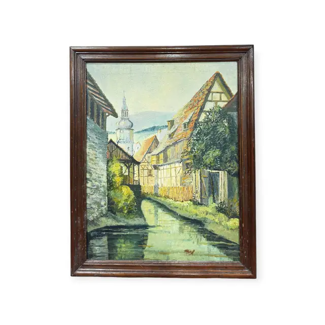 Half-Timbered Village Canal Oil Painting, Signed, Framed - full view