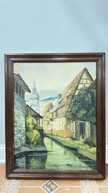 Half-Timbered Village Canal Oil Painting, Signed, Framed - detail