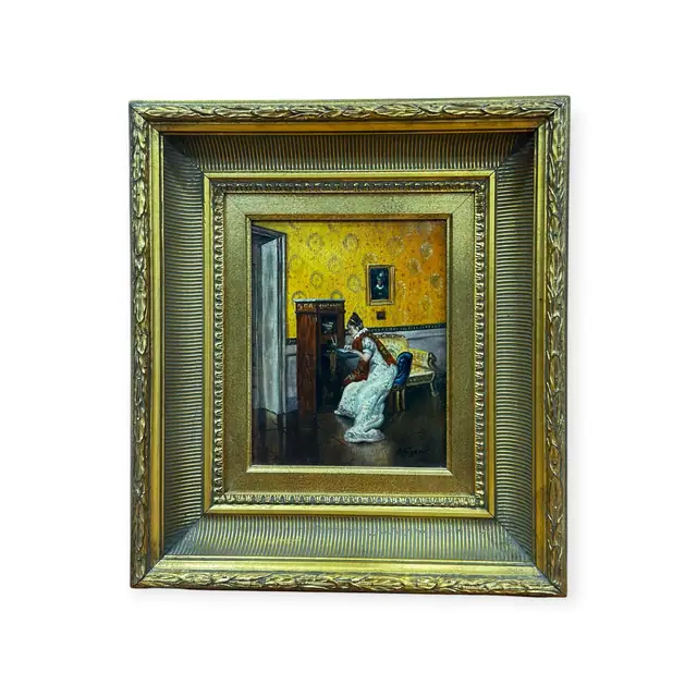 Lady at the Piano Interior Oil Painting, Signed, Framed - full view