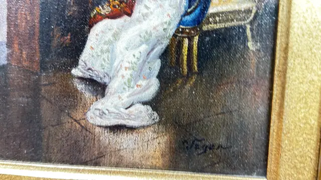 Lady at the Piano Interior Oil Painting, Signed, Framed - signature