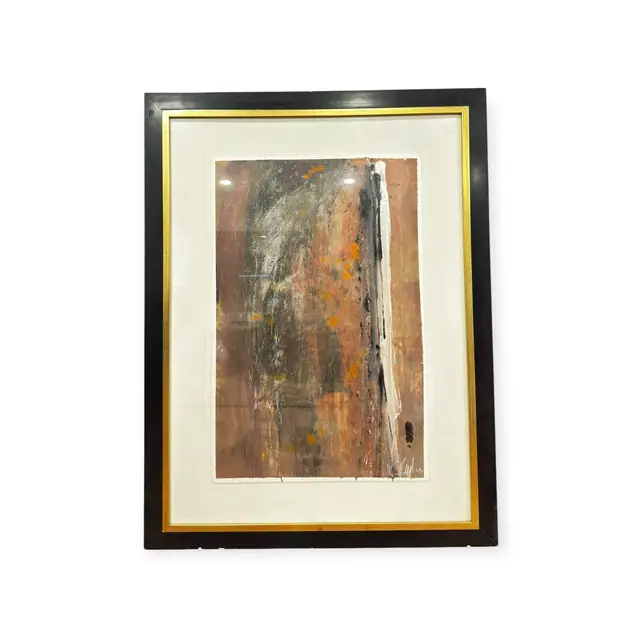 Large Abstract Mixed Media on Deckled Paper, Signed, Framed - full view