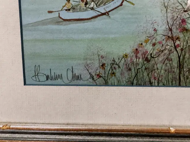 Watercolour Landscape with River, Boat and Deer, Slim Gilt Frame - signature