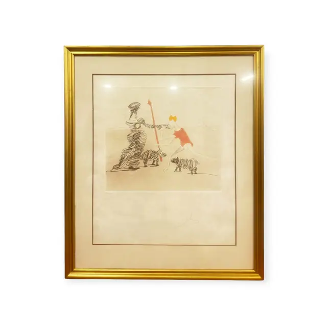 Etching Figure with Spear and Scribbled Beasts, Signed, Framed - full view