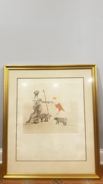 Etching Figure with Spear and Scribbled Beasts, Signed, Framed - detail