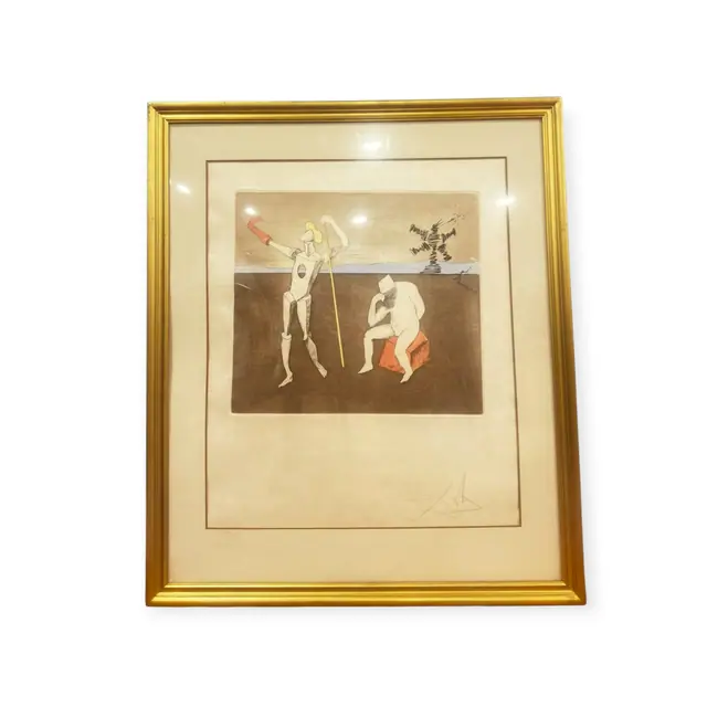 Etching Spearman and Seated Thinker, Signed, Framed - full view