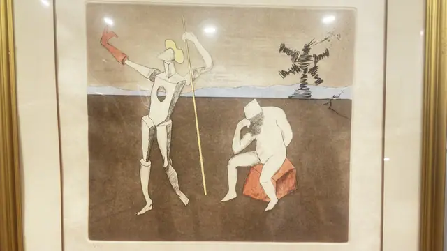 Etching Spearman and Seated Thinker, Signed, Framed - detail
