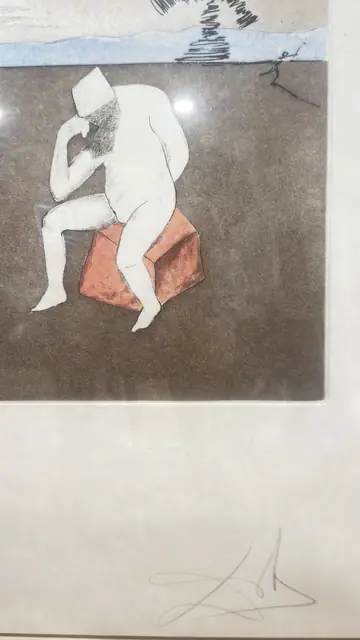 Etching Spearman and Seated Thinker, Signed, Framed - detail