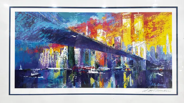 LeRoy Neiman Brooklyn Bridge Cityscape Print, Signed, Framed, 1974 - detail