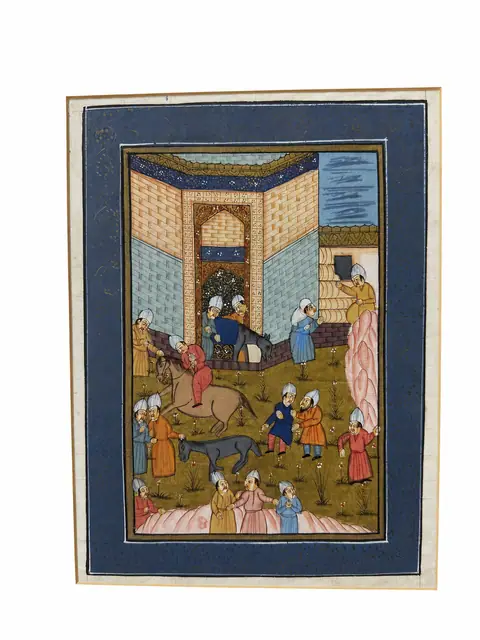Persian School Miniature, Palace Interior Scene, Navy Mat, Gilt Frame - detail