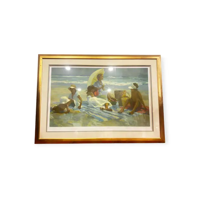 Sunlit Beach Scene with Parasol and Bathers, Signed, Framed - full view