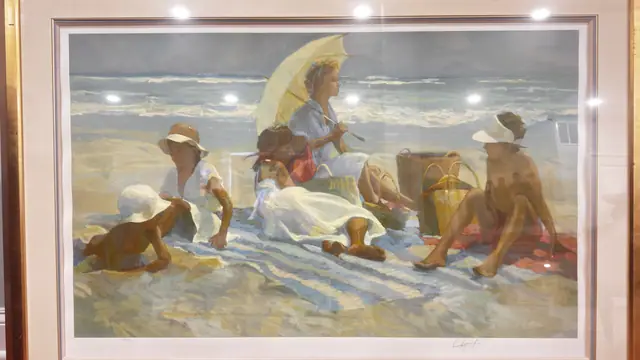 Sunlit Beach Scene with Parasol and Bathers, Signed, Framed - detail