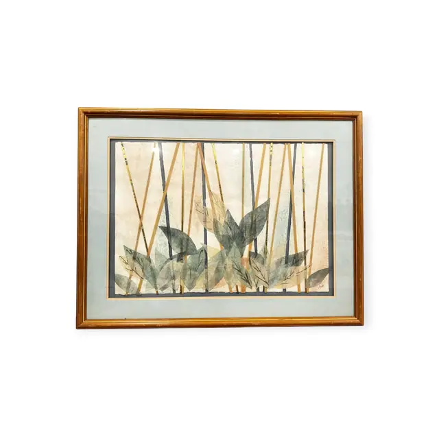 Pressed Leaf and Bamboo Paper Collage, Signed, Framed - full view
