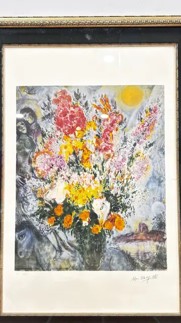 Marc Chagall Blue Bouquet Lithograph, Signed in the Plate, Framed, 2001 - detail