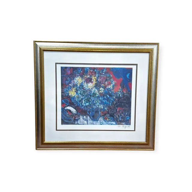 Chagall Bouquet of Flowers and Lovers Print, MARC CHAGALL, Signed in the Plate, Framed, 2001 - full view