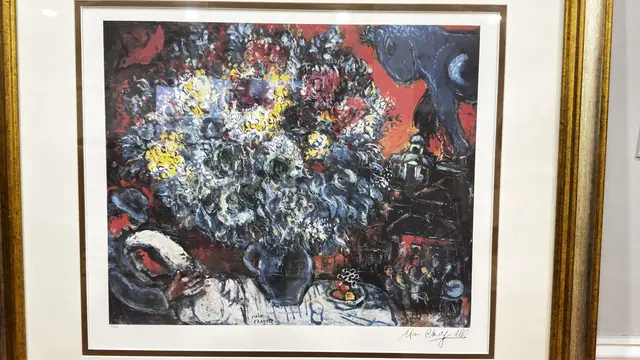 Chagall Bouquet of Flowers and Lovers Print, MARC CHAGALL, Signed in the Plate, Framed, 2001 - detail