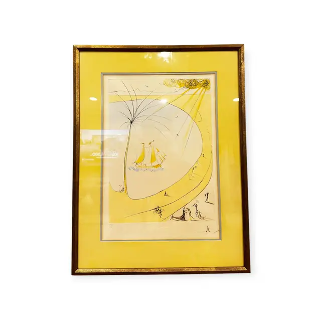 Surrealist Sailboat and Yellow Sun Etching, Numbered Edition, Framed - full view