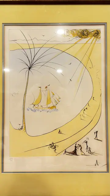 Surrealist Sailboat and Yellow Sun Etching, Numbered Edition, Framed - detail
