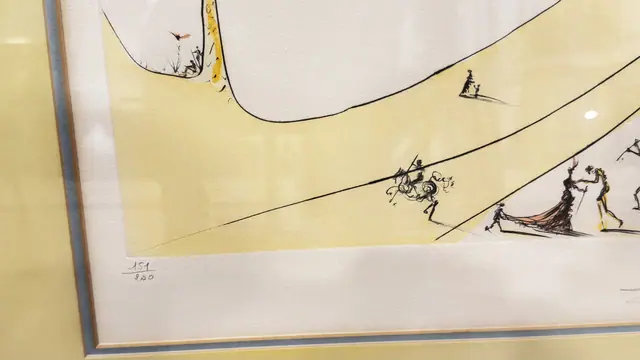 Surrealist Sailboat and Yellow Sun Etching, Numbered Edition, Framed - detail