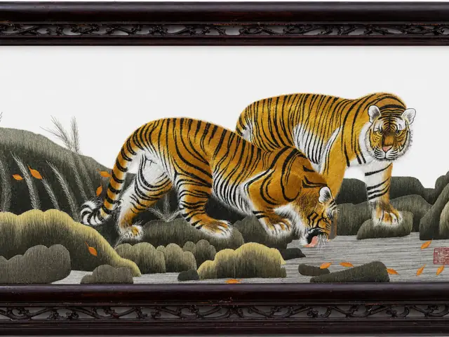 Double-Sided Embroidered Panel, Tigers and Leopards, Carved Black Frame - detail