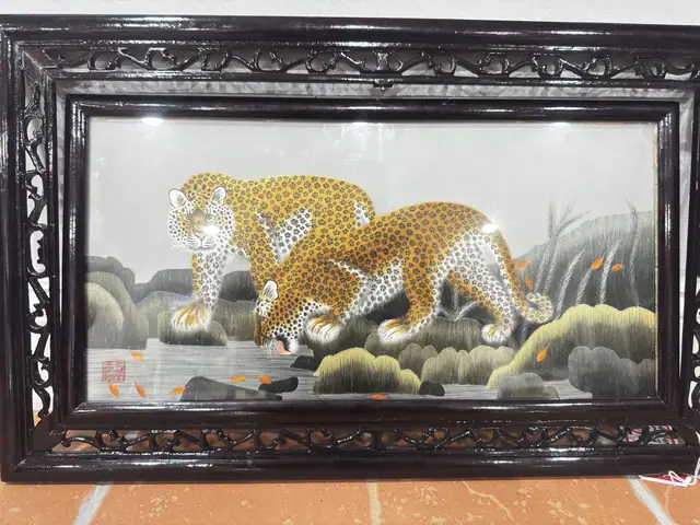 Double-Sided Embroidered Panel, Tigers and Leopards, Carved Black Frame - full view
