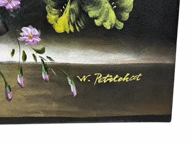 Floral Still Life Oil on Canvas, Signed W. Petitchot, Unframed - signature