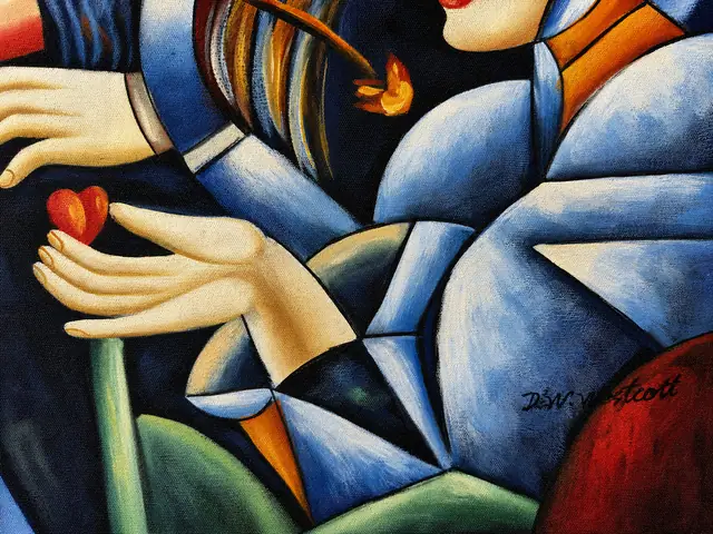 Cubist Style Oil on Canvas, Two Figures, Signed D.W. Westcott, Unframed - signature