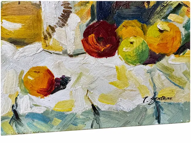 Still Life with Sunflowers and Fruit, Oil on Canvas, Unframed - signature