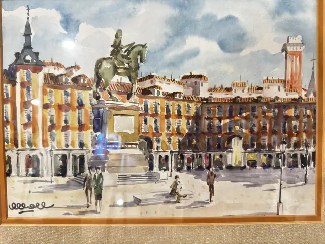 Watercolour of a City Square with Equestrian Monument, Linen Mat, Wood Frame - detail