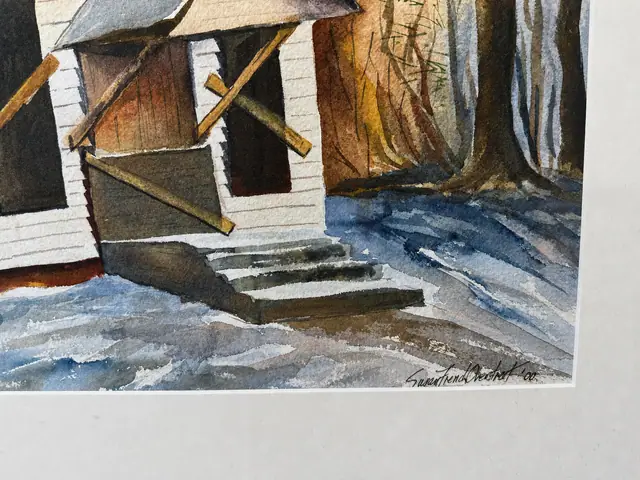Watercolour of a Snow-Covered Cabin, Signed, Burgundy Frame - signature