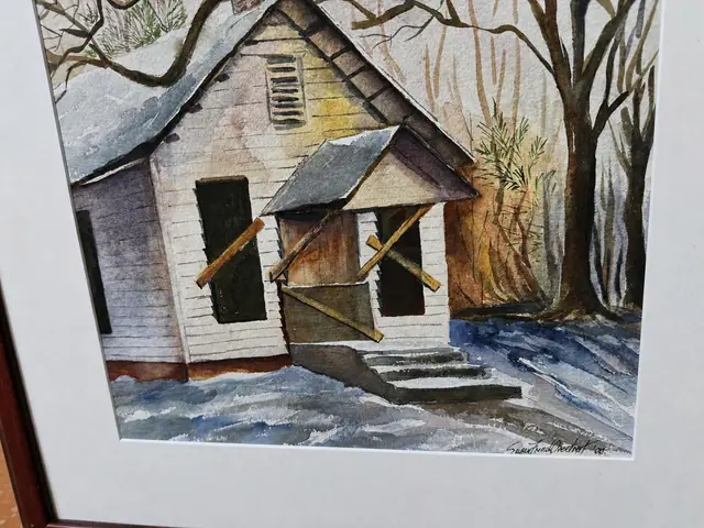 Watercolour of a Snow-Covered Cabin, Signed, Burgundy Frame - detail