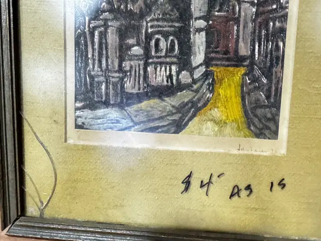 Pastel of a City at Night in Blue and Yellow, Silvered Frame - detail