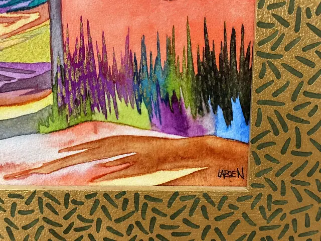 Fran Larsen 'The Village Path' Watercolour, Hand Carved Polychrome Frame, 1996 - signature