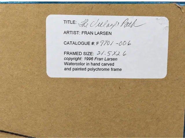 Fran Larsen 'The Village Path' Watercolour, Hand Carved Polychrome Frame, 1996 - back label