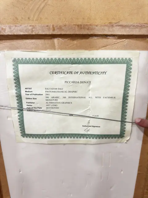 Salvador Dalí 'Piccarda Donati' Signed Print with Certificate of Authenticity - certificate