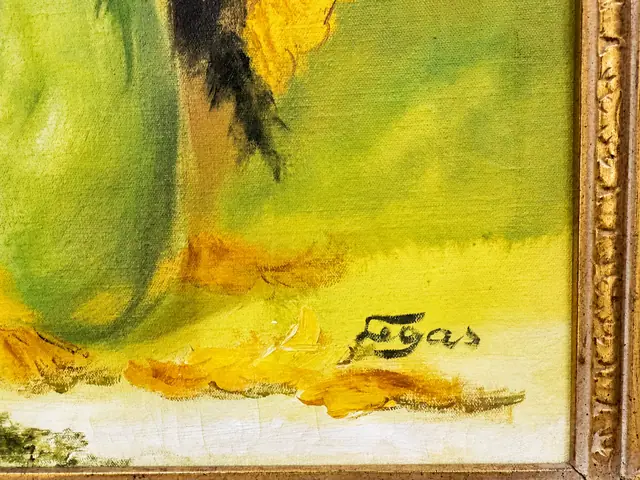 Sunflower Still Life Oil on Canvas Signed Legas, Carved Gold Frame - signature