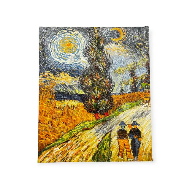 Impasto Night Road with Cypress and Star, Signed, Unframed - full view