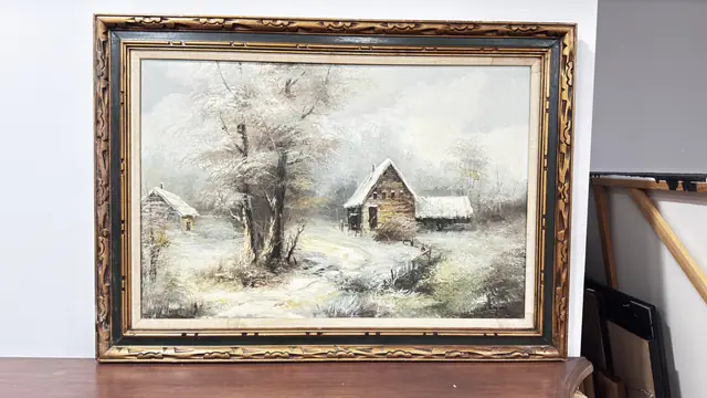 Snowbound Farmstead In Winter Woods, Signed, Framed - detail
