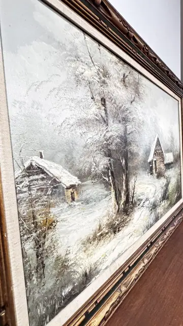 Snowbound Farmstead In Winter Woods, Signed, Framed - detail