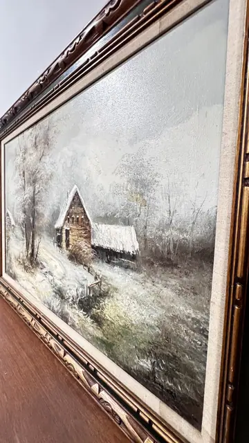 Snowbound Farmstead In Winter Woods, Signed, Framed - detail