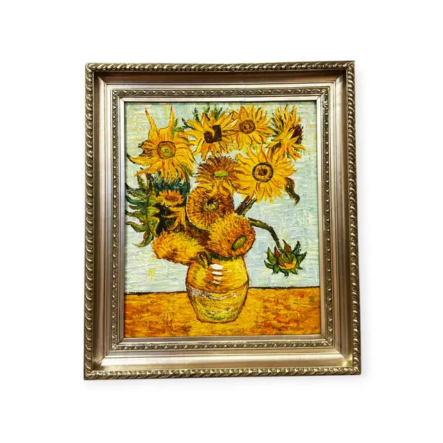 Hand-Painted Copy After Van Gogh Sunflowers, Signed, Framed - full view