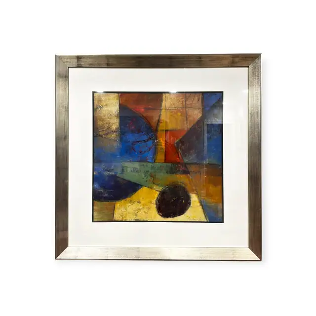 Abstract Geometric Composition With Dark Orb, Signed, Framed - full view