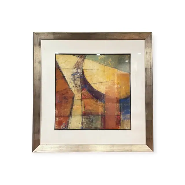 Large Abstract Composition in Ochre and Blue, Signed, Framed - full view