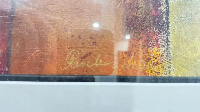Large Abstract Composition in Ochre and Blue, Signed, Framed - signature