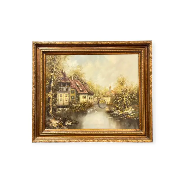 European Village by a Millstream, F. Wagner, Signed, Framed - full view