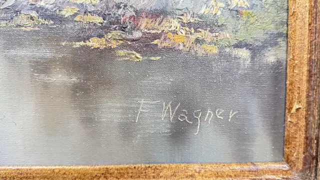 European Village by a Millstream, F. Wagner, Signed, Framed - signature