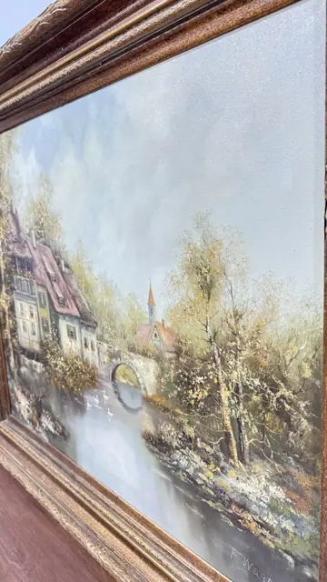 European Village by a Millstream, F. Wagner, Signed, Framed - detail
