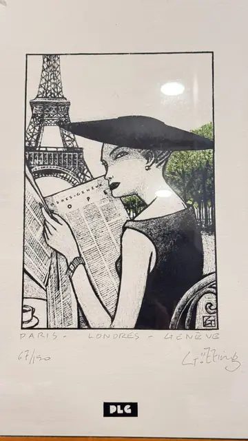 Paris Londres Geneve, Woman Reading a Newspaper, Gutting, Numbered Edition, Framed - signature