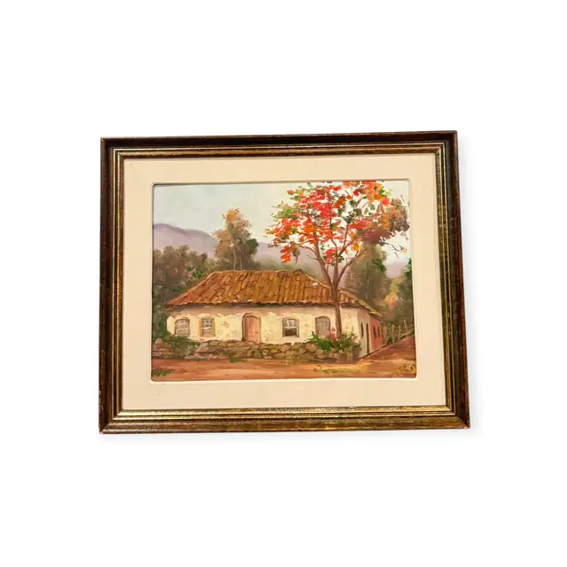 Adobe Cottage with Flame Tree, Signed, Framed, 1993 - full view