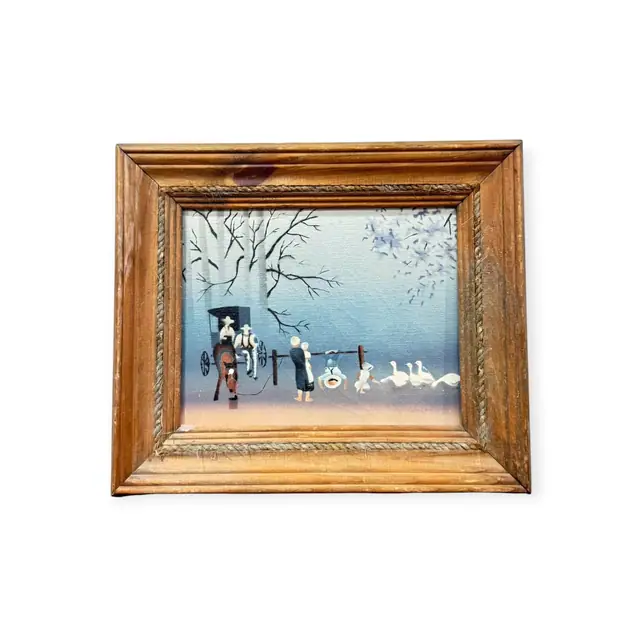 Naive Winter Scene with Buggy and Geese, Framed - full view